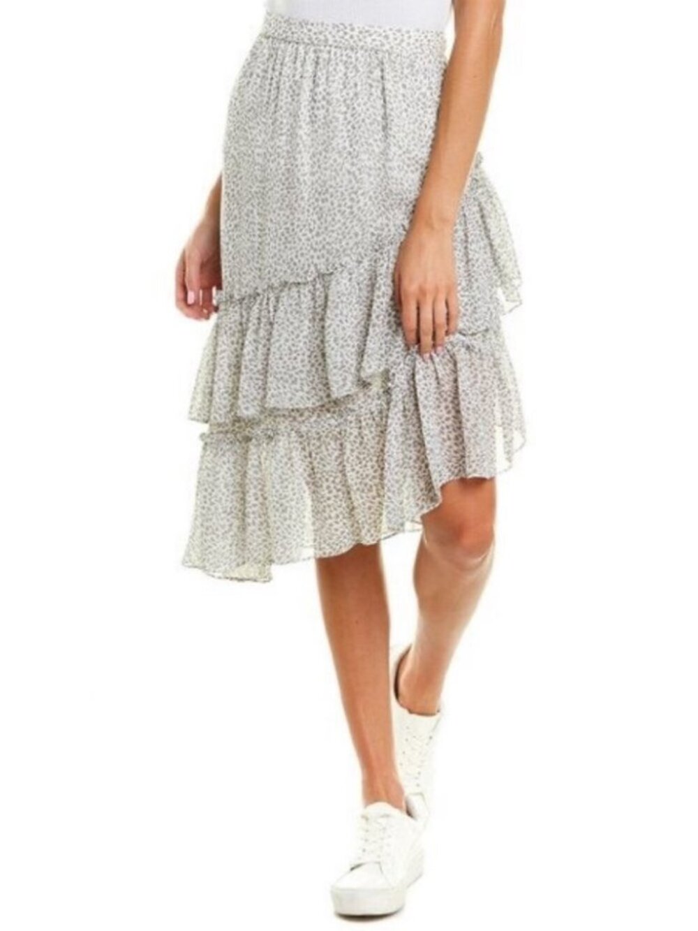 1 State White Gray Ruffle Tiered Leopard Animal Cheetah Print Midi Skirt 0 XS